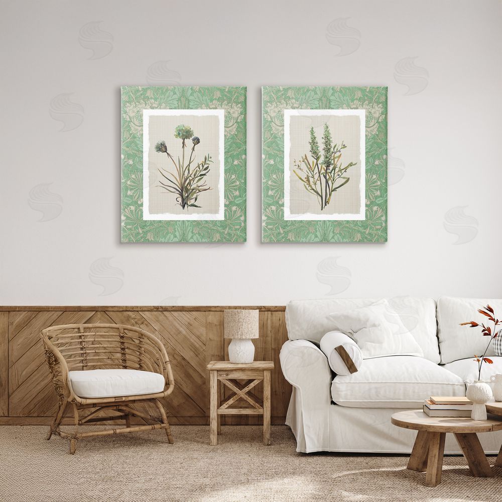 Carol Robinson Green Tone Herbal Blooms Stretched Cavas Wall Art Set in Room
