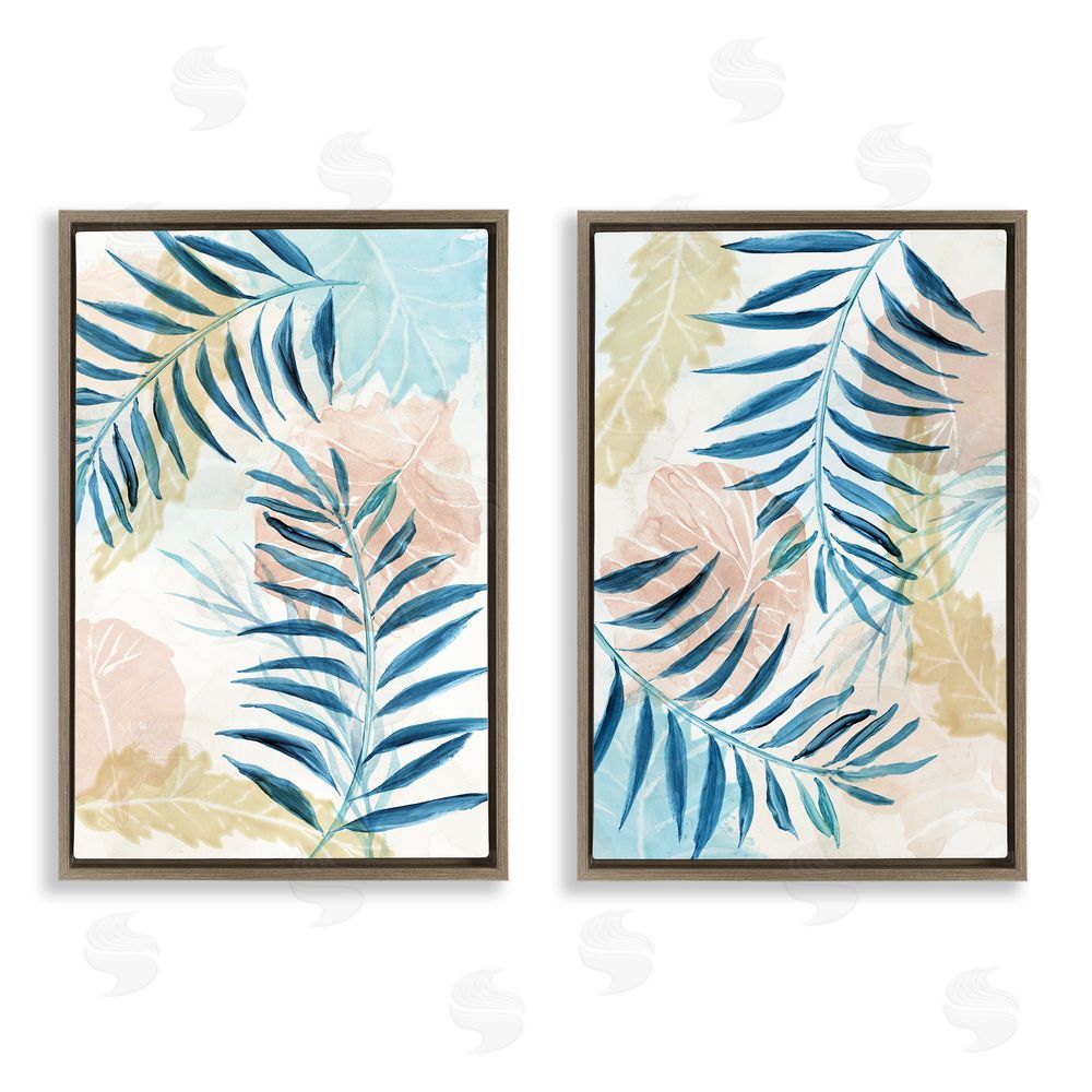Nan Pastel & Blue Palm Fronds Brown Floating Frame Canvas Wall Art Print