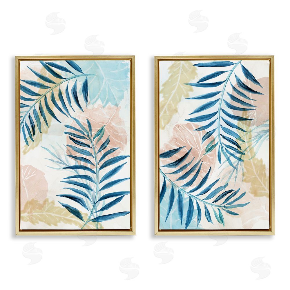 Nan Pastel & Blue Palm Fronds Gold Floating Frame Canvas Wall Art Print