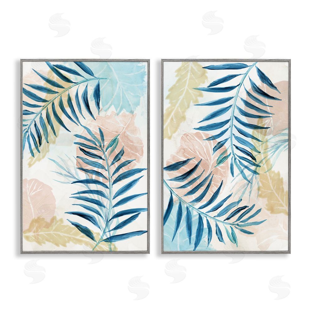 Nan Pastel & Blue Palm Fronds Gray Framed Giclee Wall Art Print