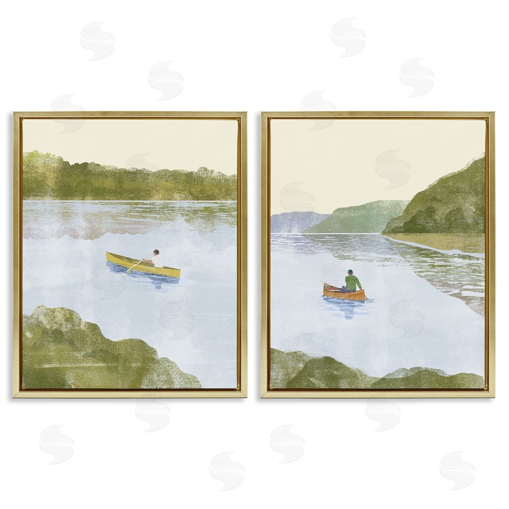 Victoria Barnes Canoeing Across Tranquil Waters Gold Floating Frame Canvas Wall Art Print