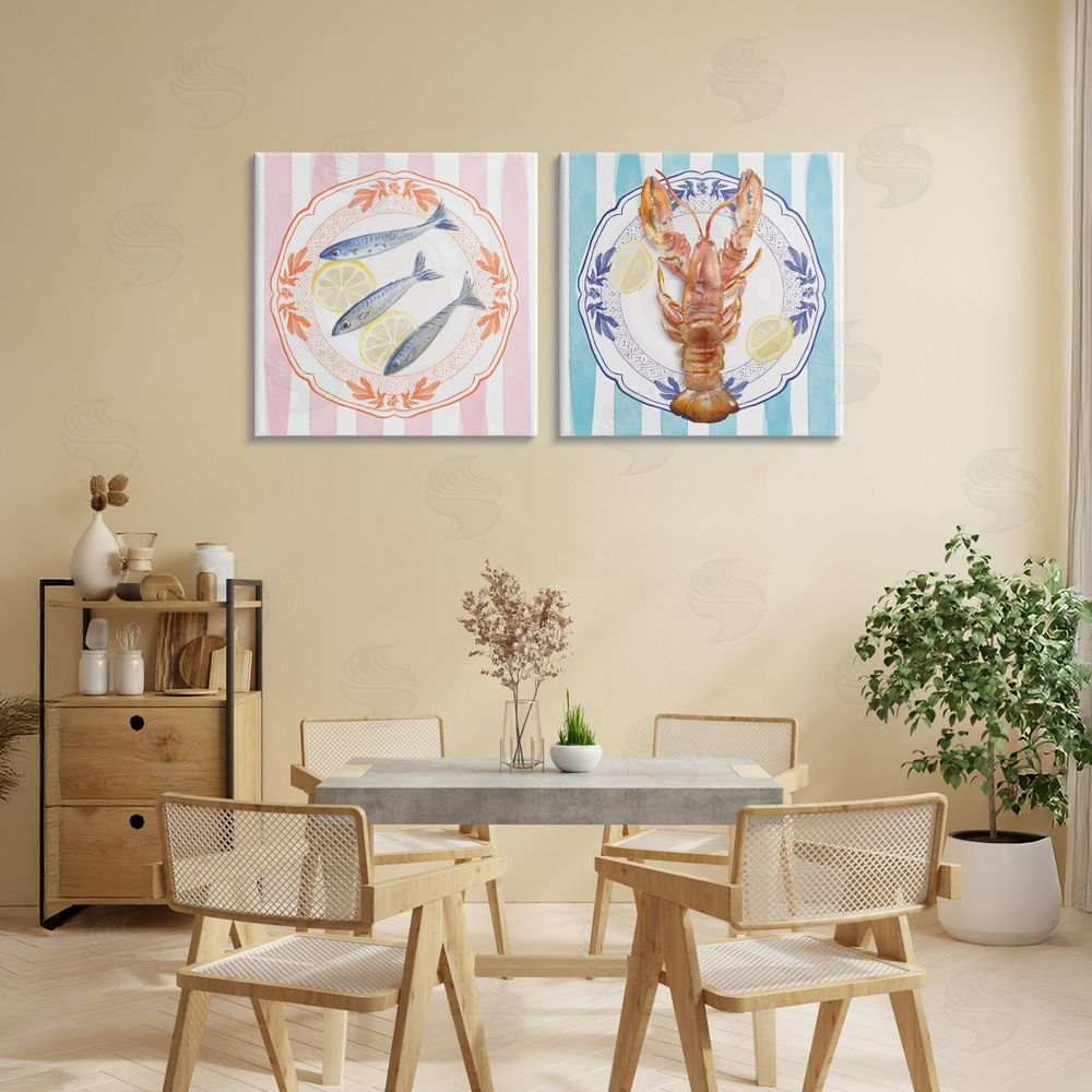 Christie Adams Lobster & Sardines Plates Stretched Cavas Wall Art Set in Room