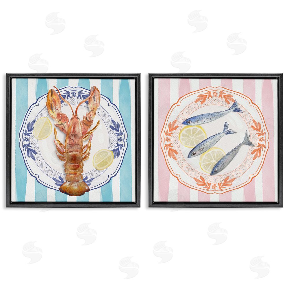 Christie Adams Lobster & Sardines Plates Black Floating Frame Canvas Wall Art Print