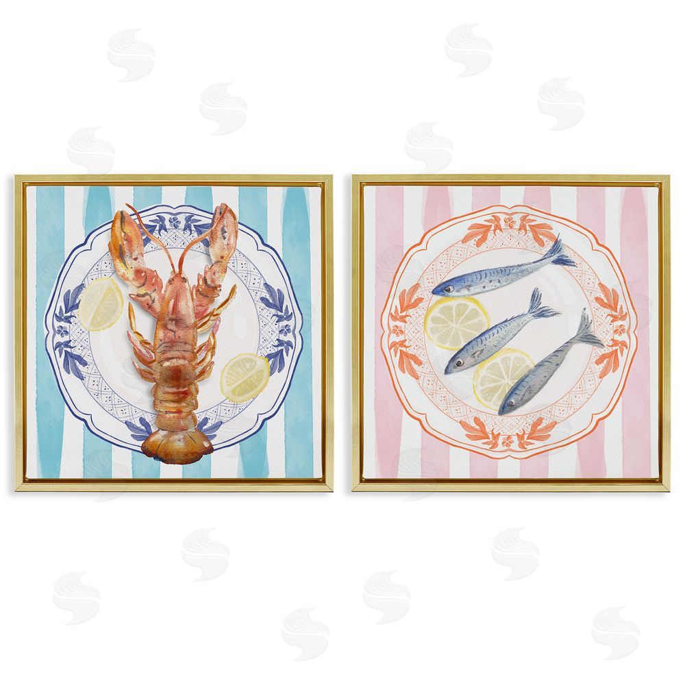 Christie Adams Lobster & Sardines Plates Gold Floating Frame Canvas Wall Art Print