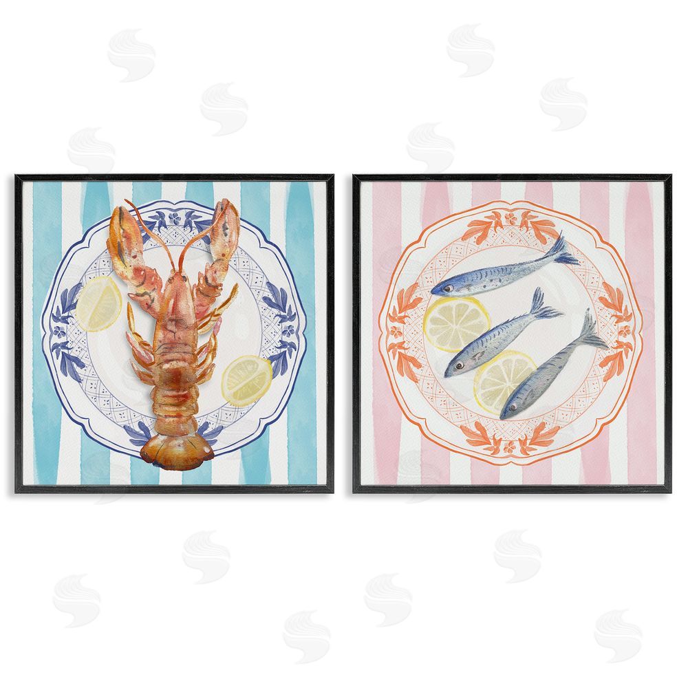 Christie Adams Lobster & Sardines Plates Black Framed Giclee Wall Art Print
