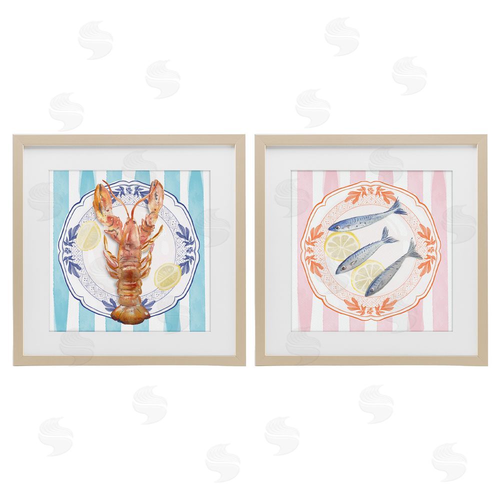 Christie Adams Lobster & Sardines Plates Brown Framed Print Under Glass Wall Art