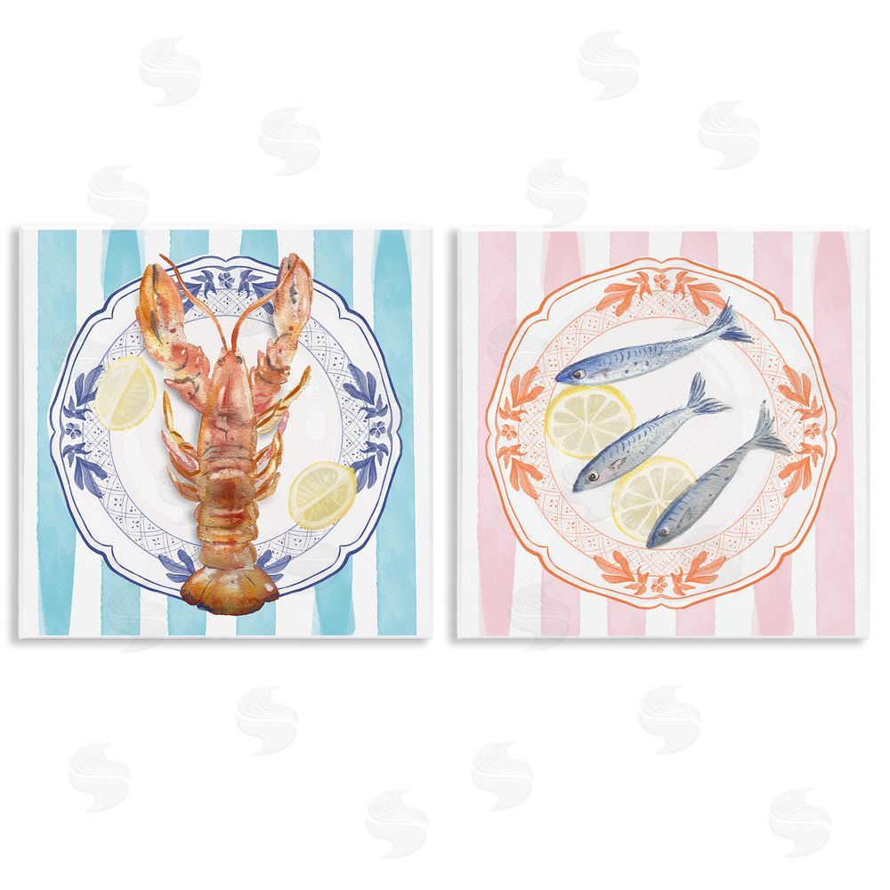 Christie Adams Lobster & Sardines Plates Wooden Wall Plaque Art Print