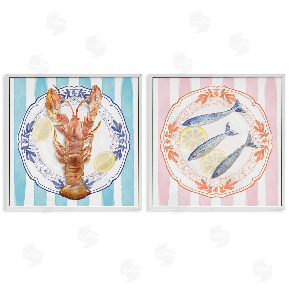 Christie Adams Lobster & Sardines Plates White Framed Giclee Wall Art Print