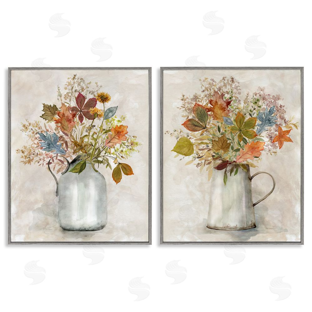Carol Robinson Autumn Bouquets Country Jugs Gray Framed Giclee Wall Art Print