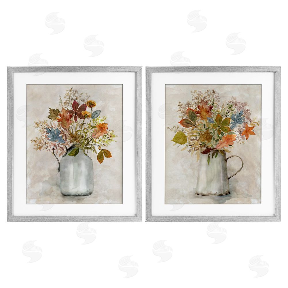 Carol Robinson Autumn Bouquets Country Jugs Gray Framed Print Under Glass with White Mat Wall Art