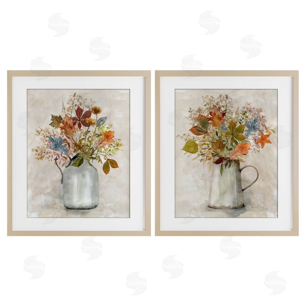 Carol Robinson Autumn Bouquets Country Jugs Birch Framed Print Under Glass with White Mat Wall Art