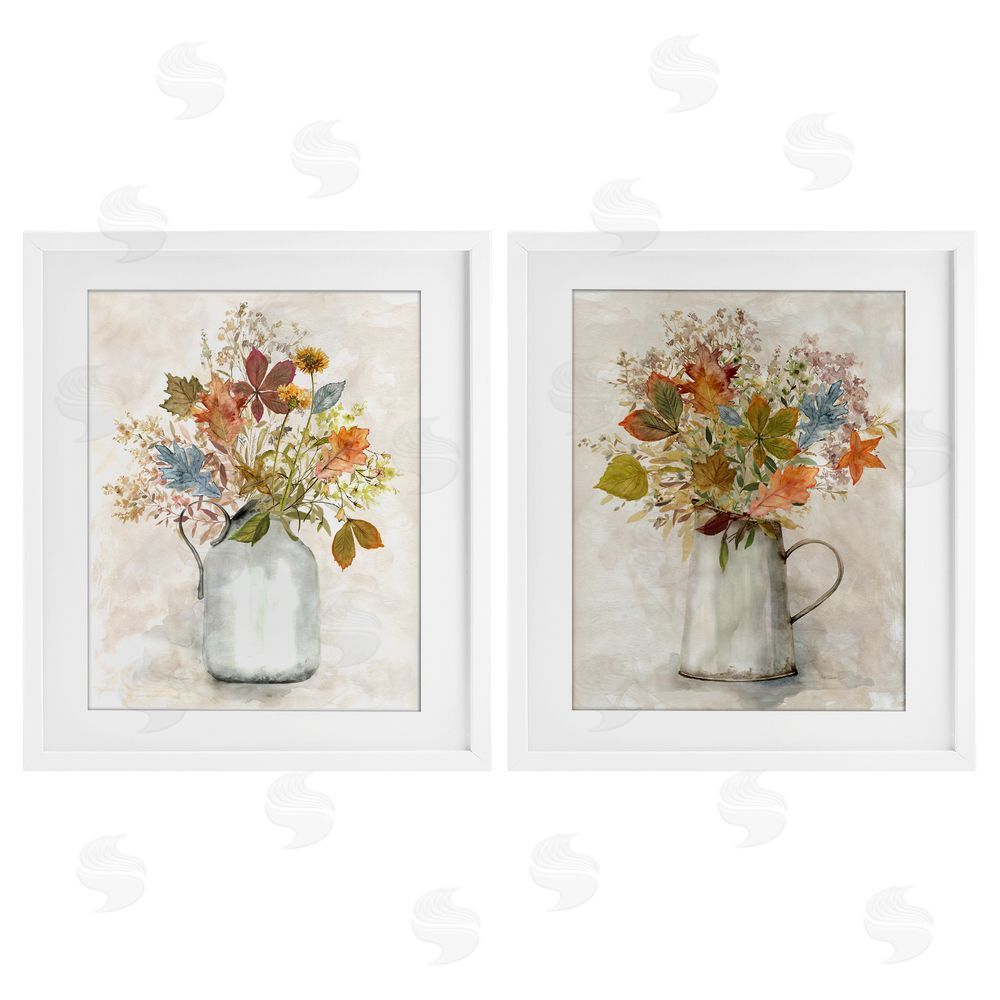 Carol Robinson Autumn Bouquets Country Jugs White Framed Print Under Glass with Mat Wall Art