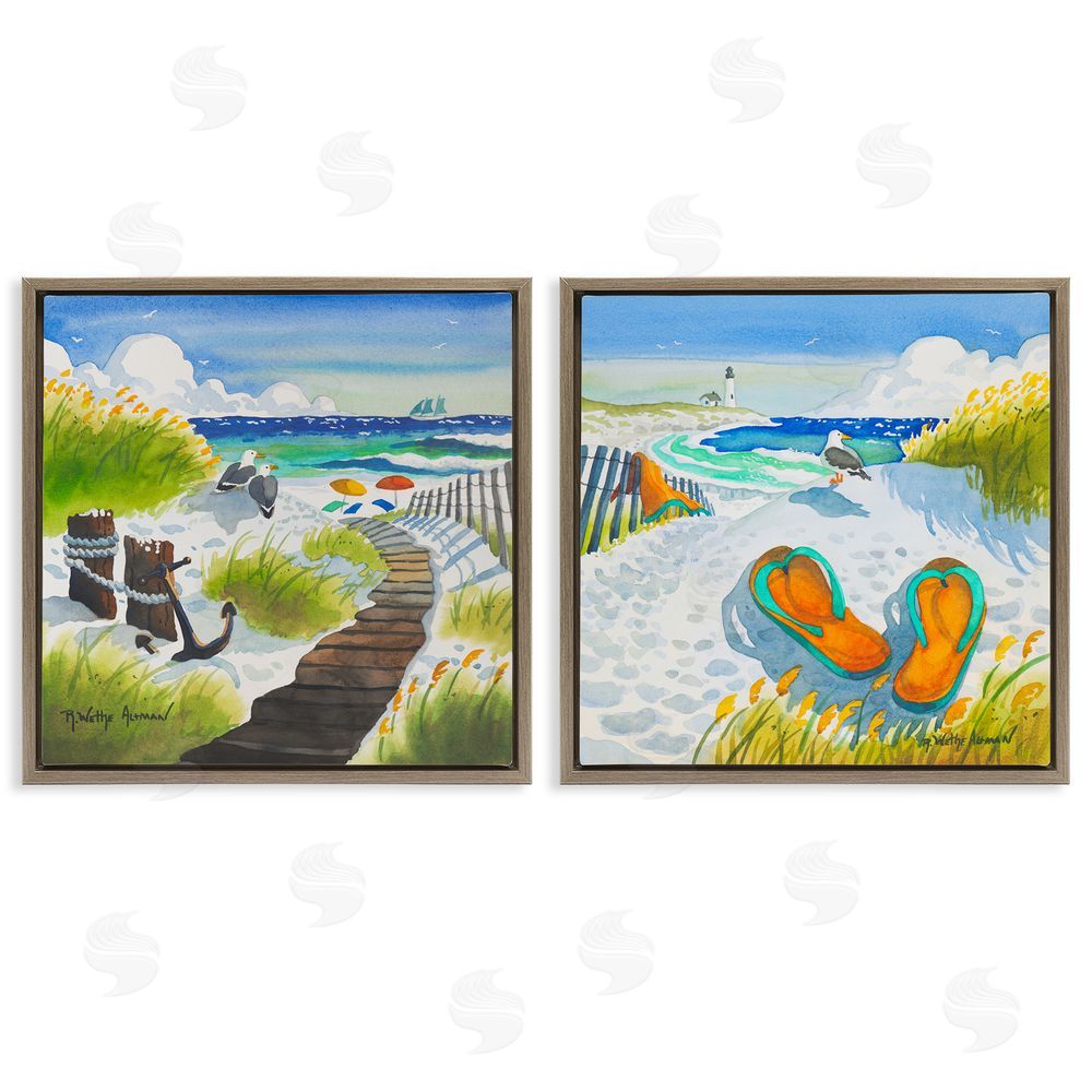 Robin Altman Boardwalk Through Beach Scenery Brown Floating Frame Stretched Canvas Wall Art Print