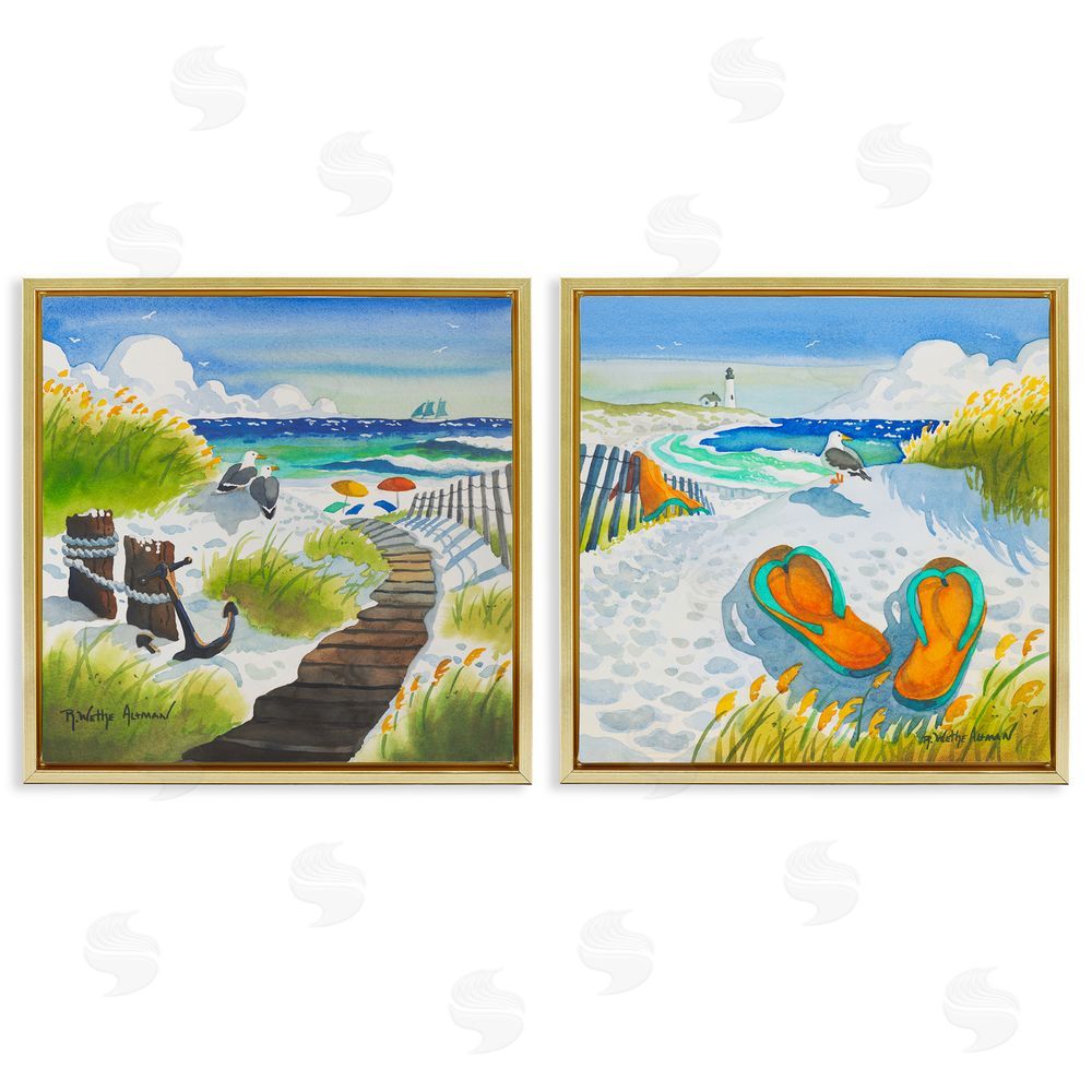 Robin Altman Boardwalk Through Beach Scenery Gold Floating Frame Stretched Canvas Wall Art Print