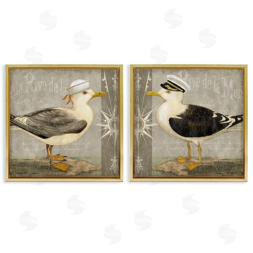 Suzanne Nicoll Little Seagulls with Hats Gold Floating Frame Canvas Wall Art Print