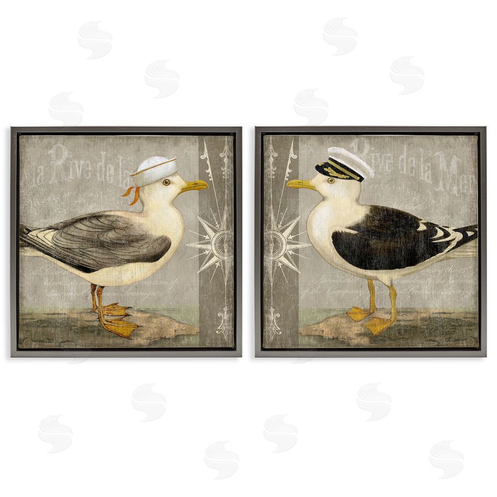 Suzanne Nicoll Little Seagulls with Hats Gray Floating Frame Canvas Wall Art Print