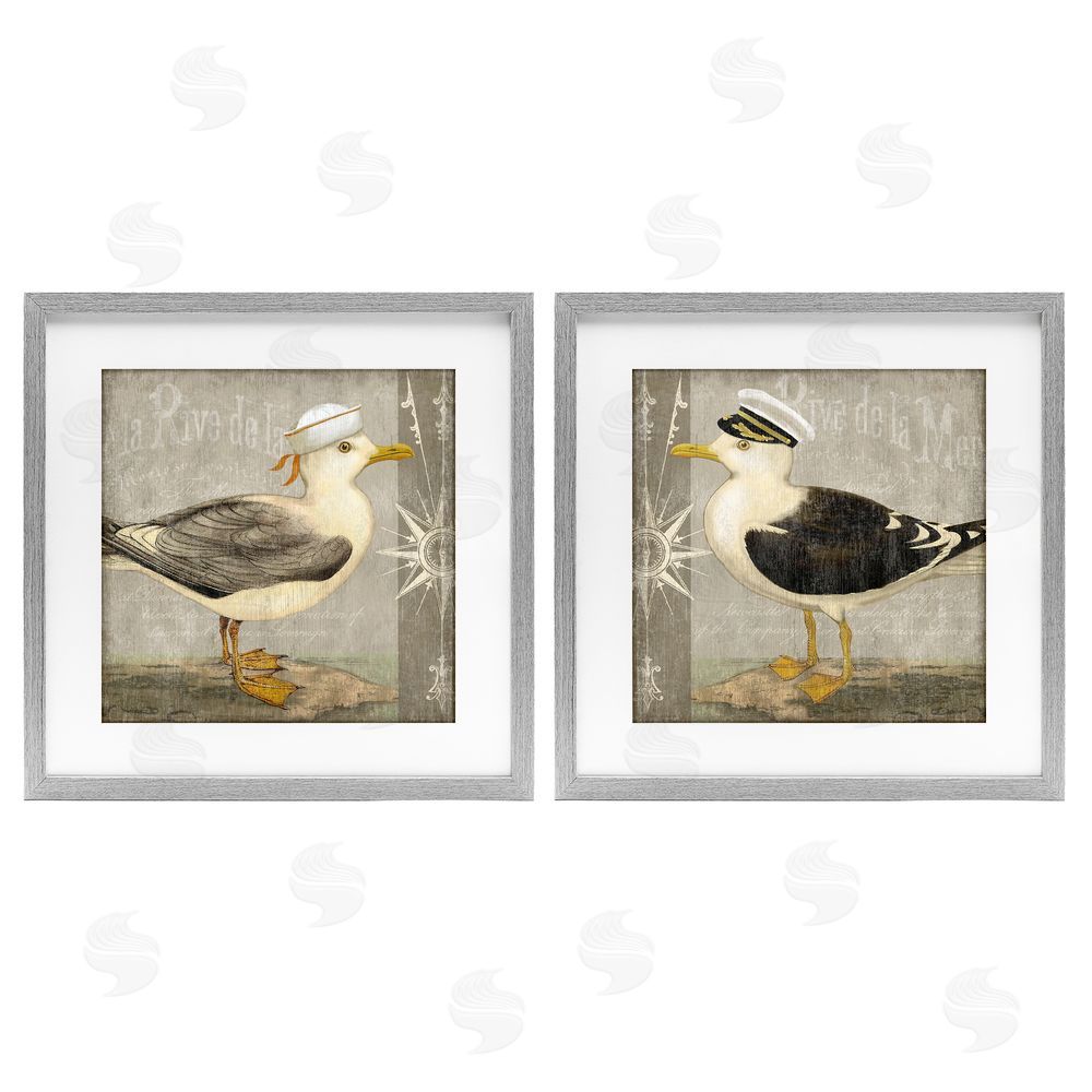 Suzanne Nicoll Little Seagulls with Hats Gray Framed Print Under Glass Wall Art