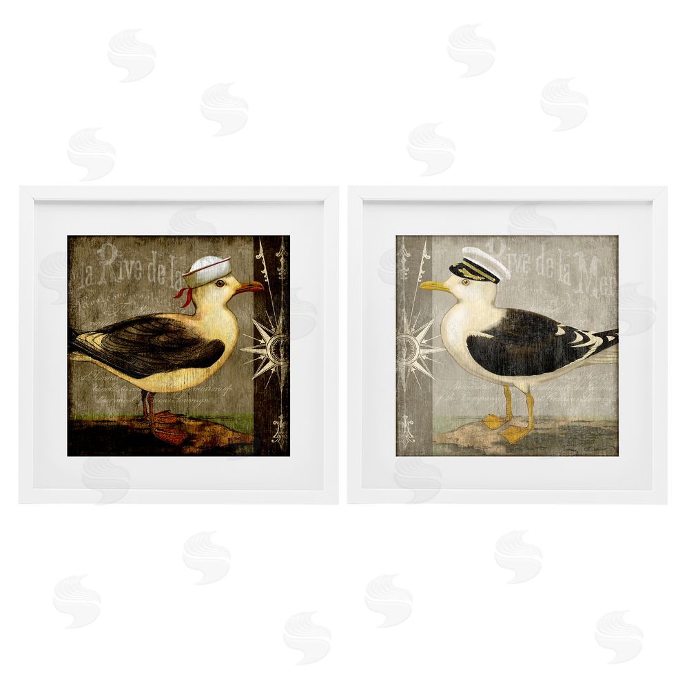 Suzanne Nicoll Little Seagulls with Hats White Framed Print Under Glass Wall Art
