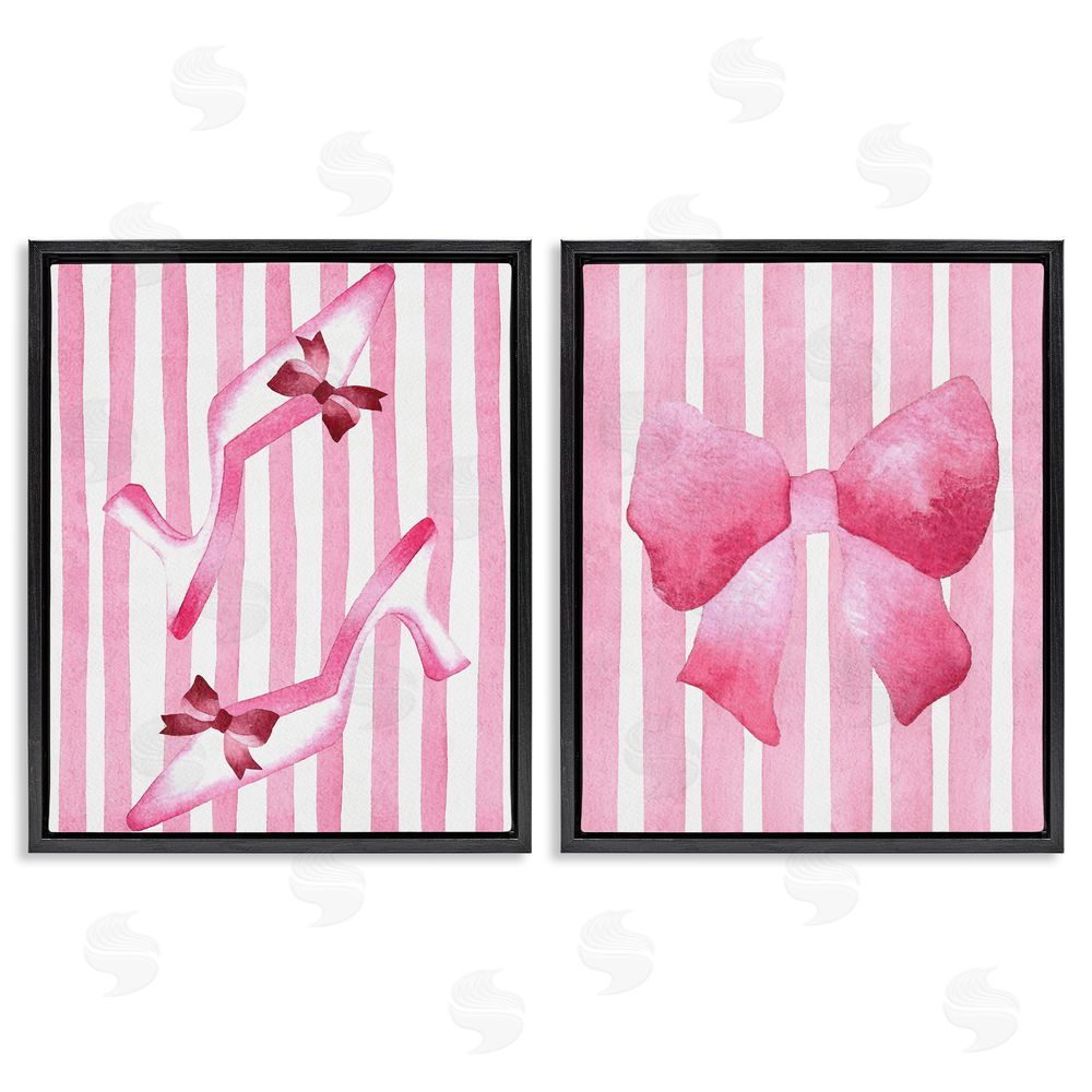Camila Juncos Feminine Chic Bows Pink Stripes Black Floating Frame Canvas Wall Art