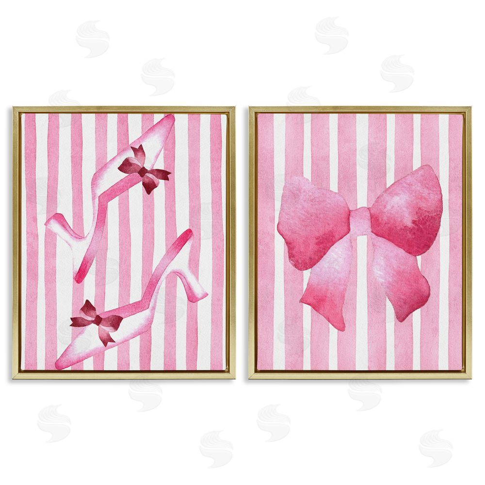 Camila Juncos Feminine Chic Bows Pink Stripes Gold Floating Frame Canvas Wall Art