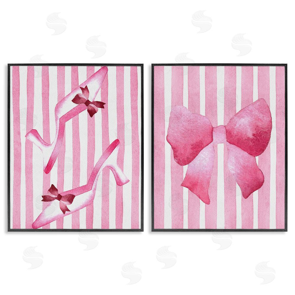 Camila Juncos Feminine Chic Bows Pink Stripes Blacked Framed Giclee Wall Art Print