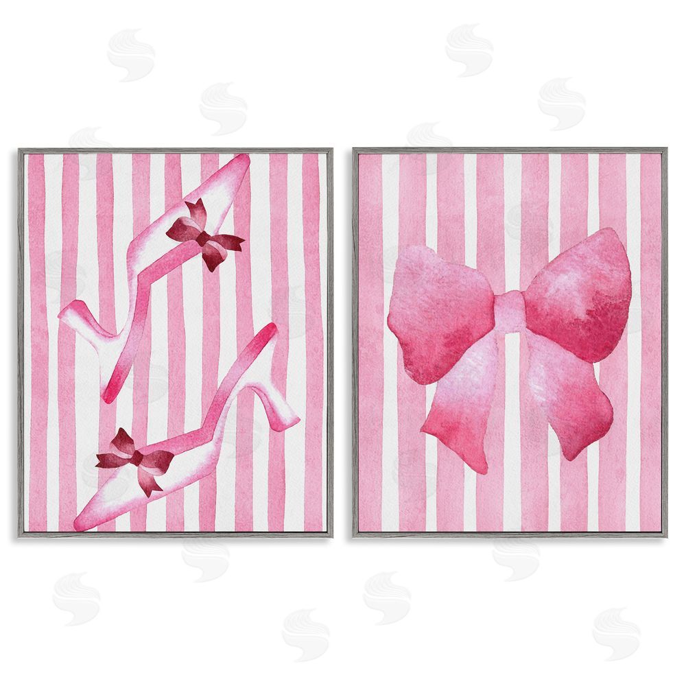 Camila Juncos Feminine Chic Bows Pink Stripes Gray Framed Giclee Wall Art Print