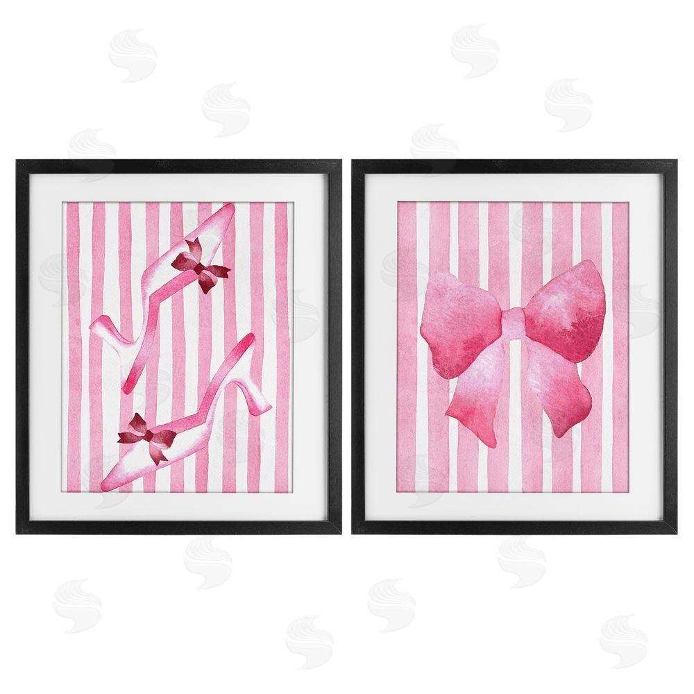 Camila Juncos Feminine Chic Bows Pink Stripes Black Framed Print Under Glass with Mat Wall Art