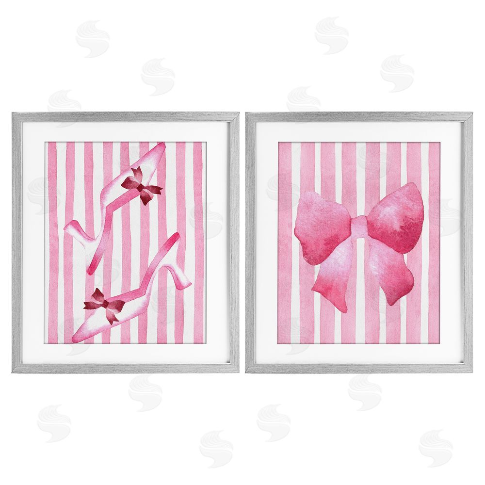 Camila Juncos Feminine Chic Bows Pink Stripes Gray Framed Print Under Glass with Mat Wall Art