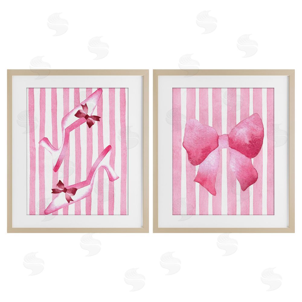 Camila Juncos Feminine Chic Bows Pink Stripes Brown Framed Print Under Glass with Mat Wall Art