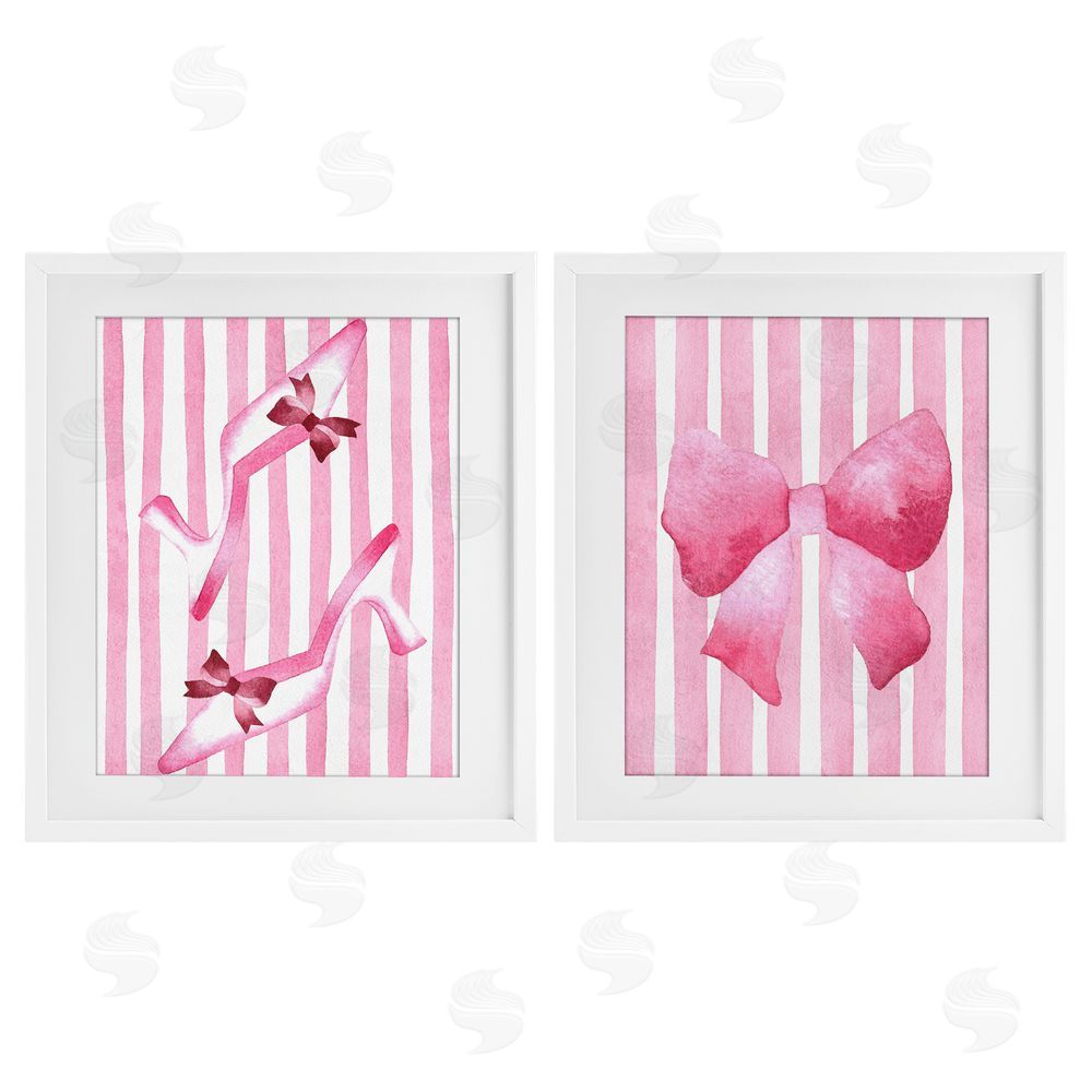 Camila Juncos Feminine Chic Bows Pink Stripes White Framed Print Under Glass with Mat Wall Art