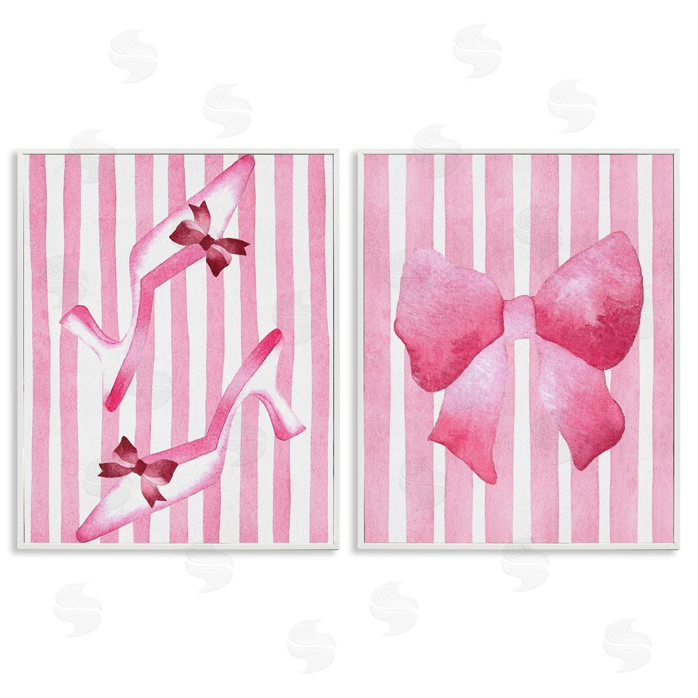 Camila Juncos Feminine Chic Bows Pink Stripes White Framed Giclee Wall Art Print