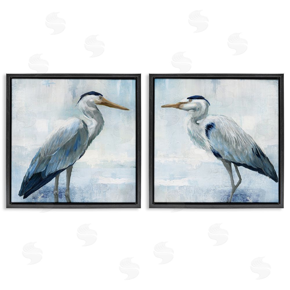 Nan Faded Blue Coastal Herons Black Floating Frame Canvas Wall Art Print