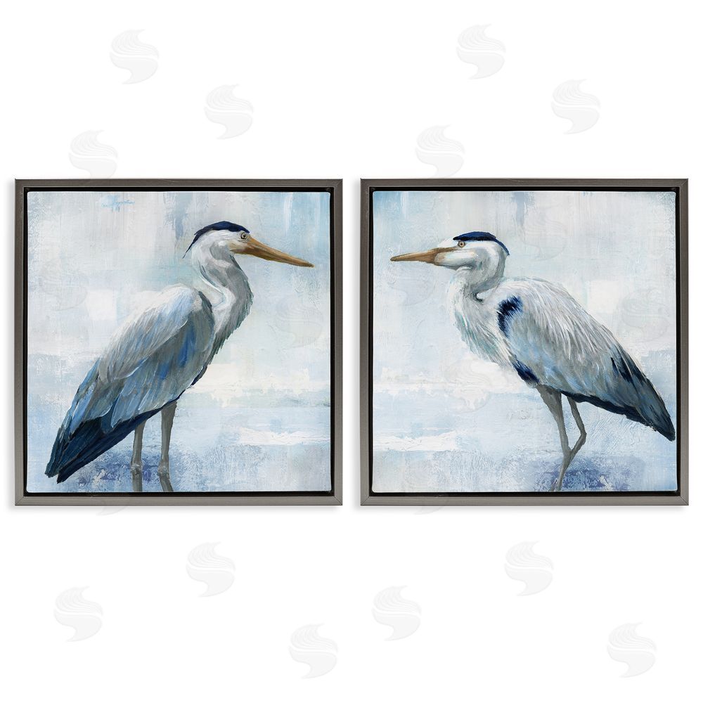 Nan Faded Blue Coastal Herons Gray Floating Frame Canvas Wall Art Print