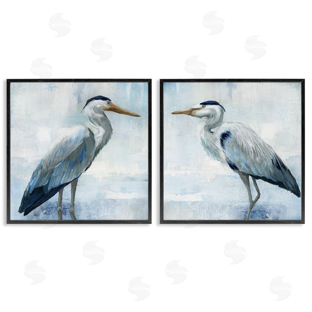 Nan Faded Blue Coastal Herons Black Framed Giclee Wall Art Print