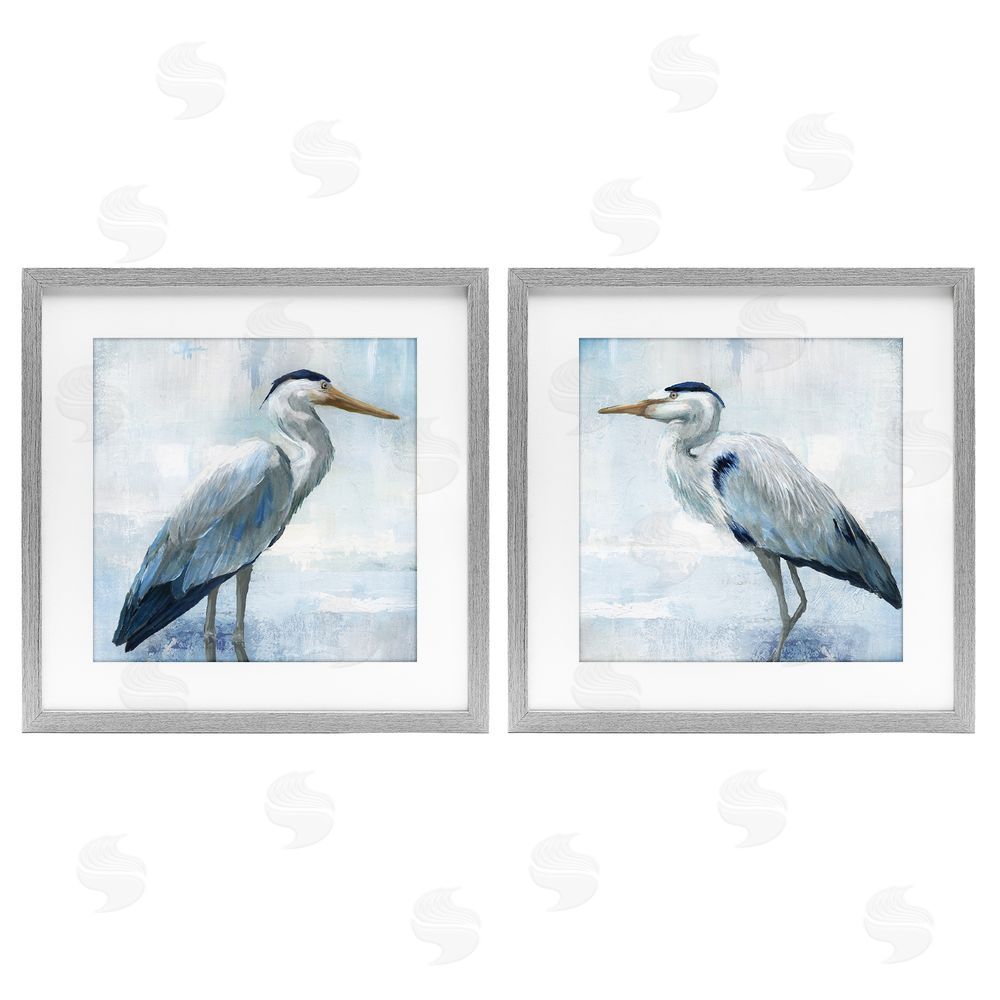 Nan Faded Blue Coastal Herons Gray Framed Print Under Glass Wall Art