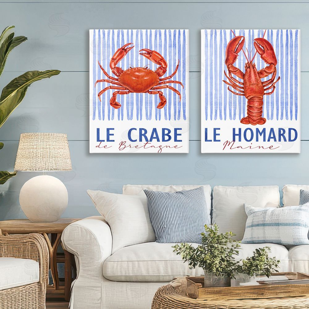 Kim Allen Nautical Stripes Sea Creatures Stretched Cavas Wall Art Set in Room