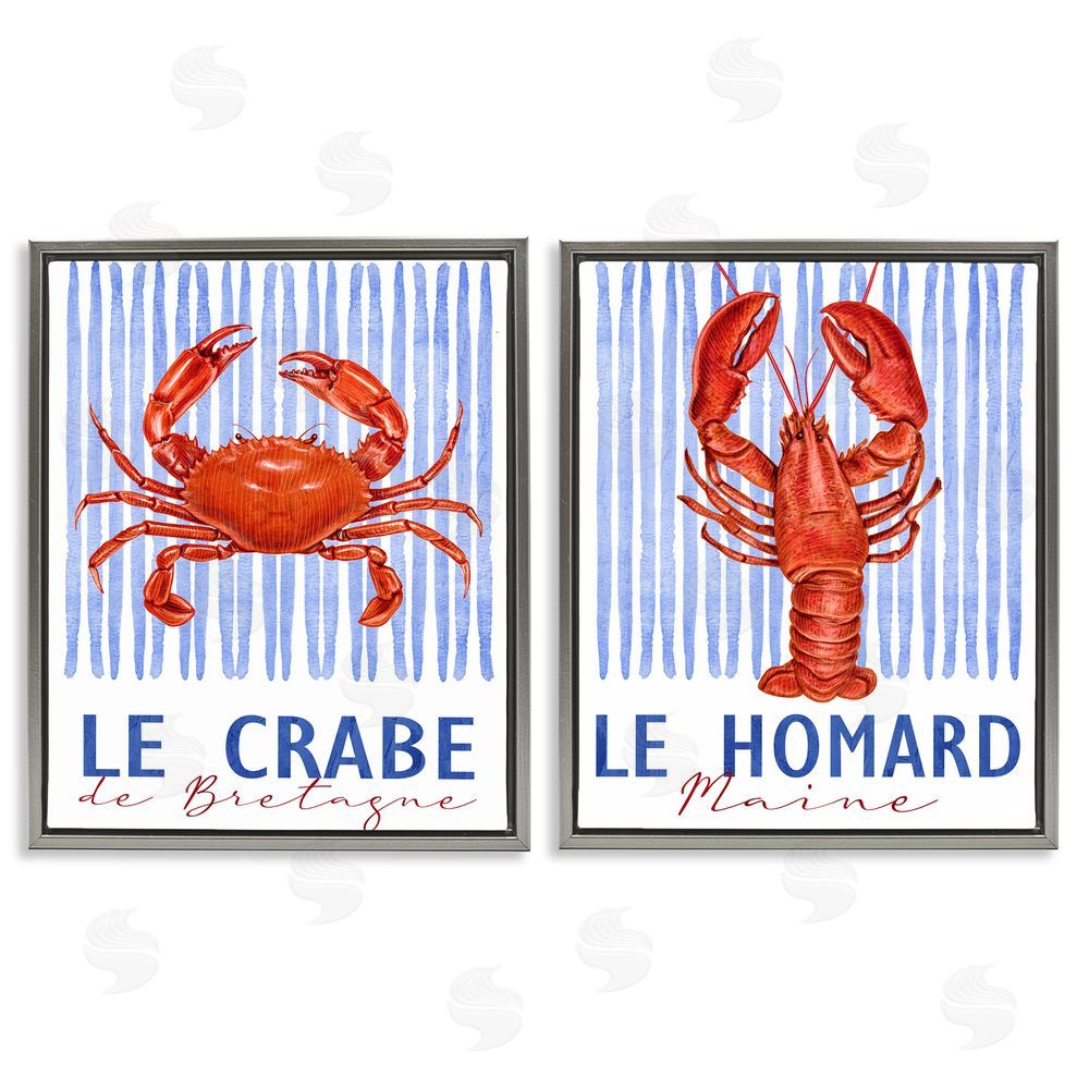 Kim Allen Nautical Stripes Sea Creatures Gray Floating Frame Canvas Wall Art Print