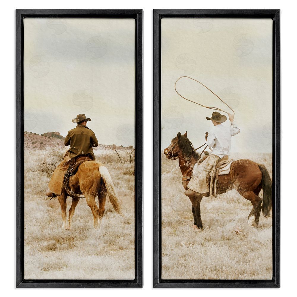 Marcus Prime Wrangling Cowboy Duo Black Floating Frame Stretched Canvas Wall Art Print