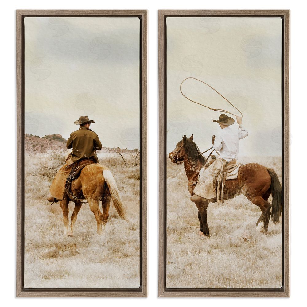 Marcus Prime Wrangling Cowboy Duo Brown Floating Frame Stretched Canvas Wall Art Print
