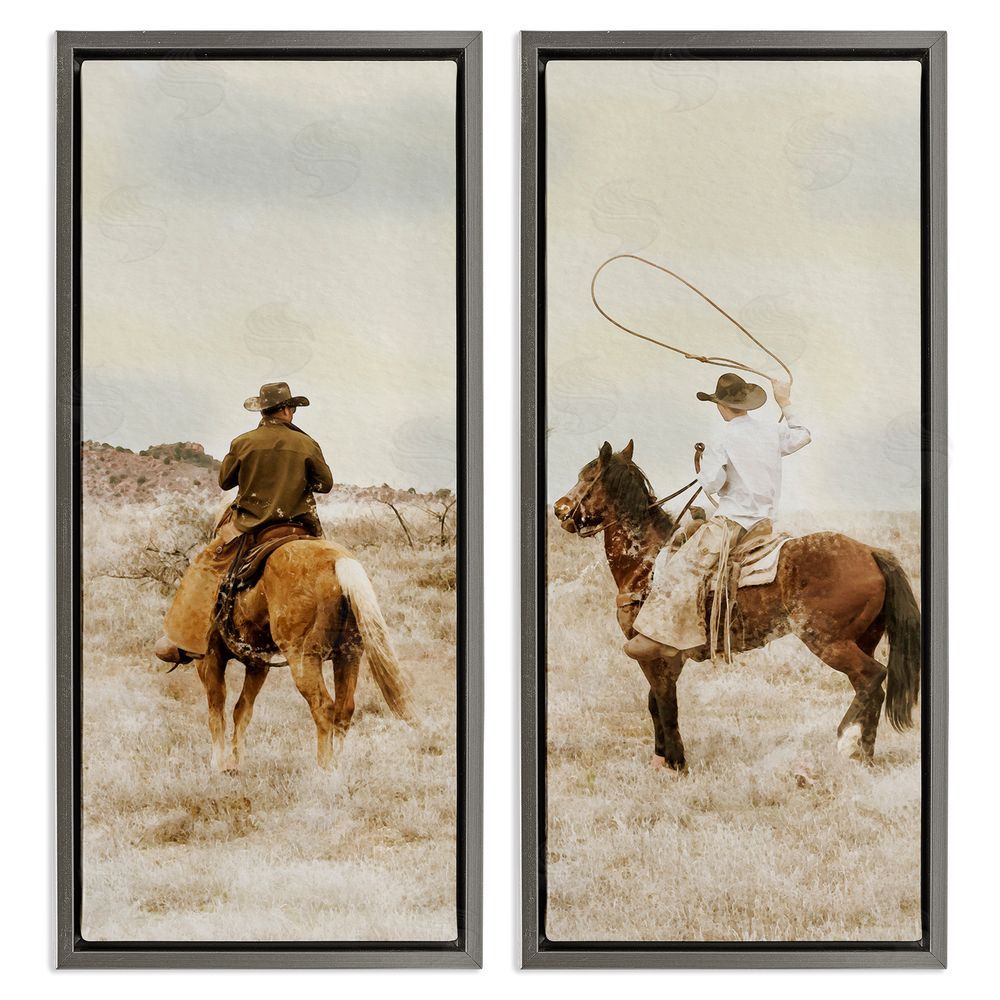 Marcus Prime Wrangling Cowboy Duo Gray Floating Frame Stretched Canvas Wall Art Print