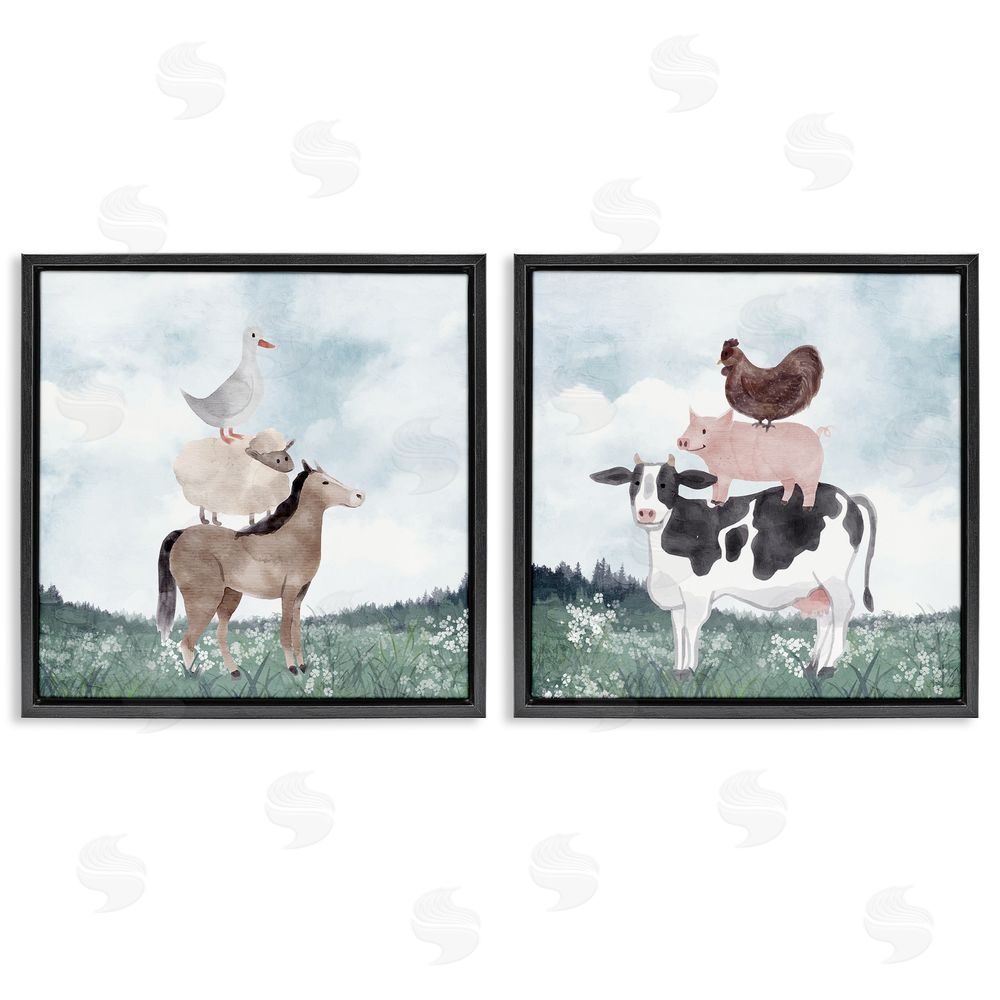 Kim Allen Stacked Animals Blue Sky Farm Black Floating Framed Canvas Wall Art Print