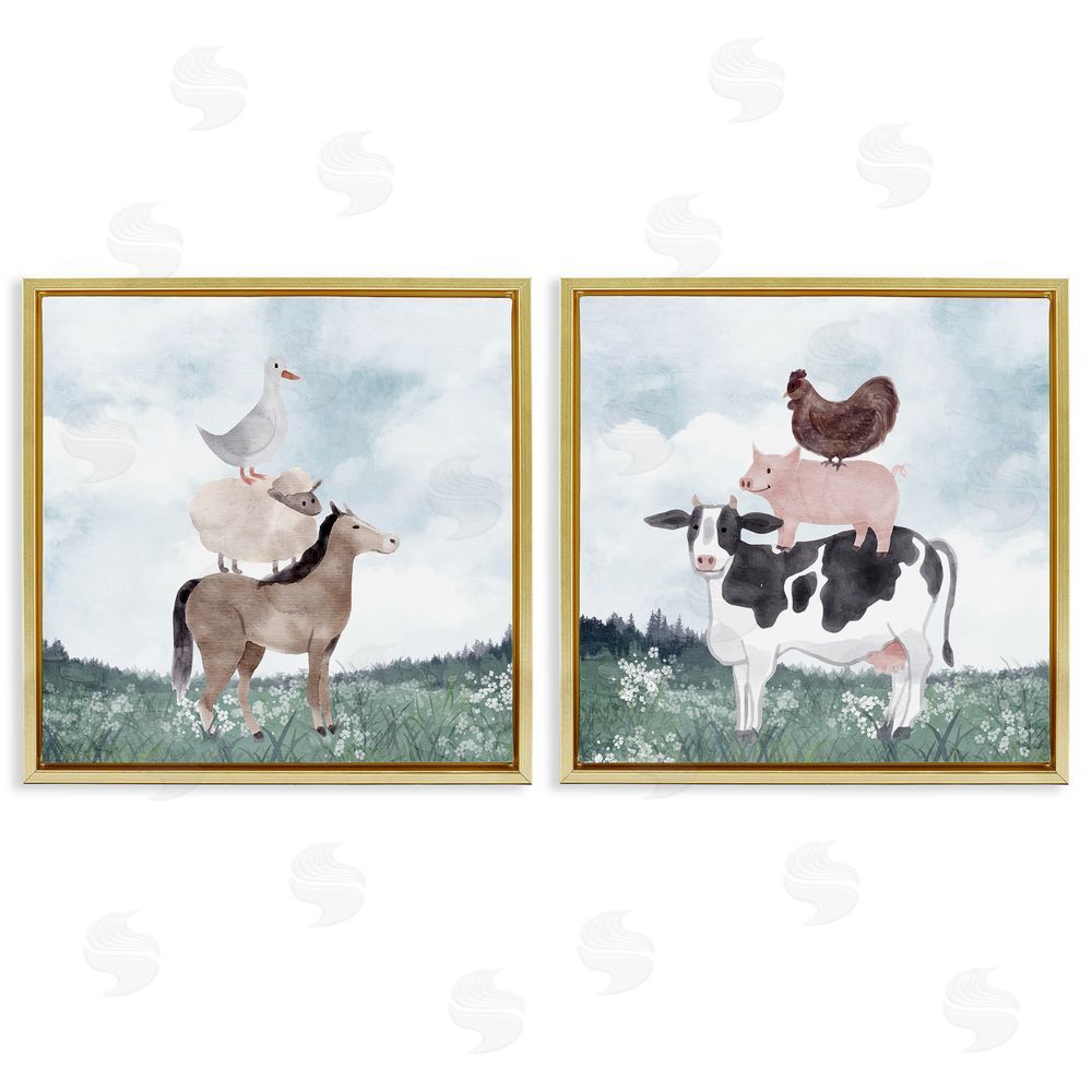 Kim Allen Stacked Animals Blue Sky Farm Gold Floating Framed Canvas Wall Art Print