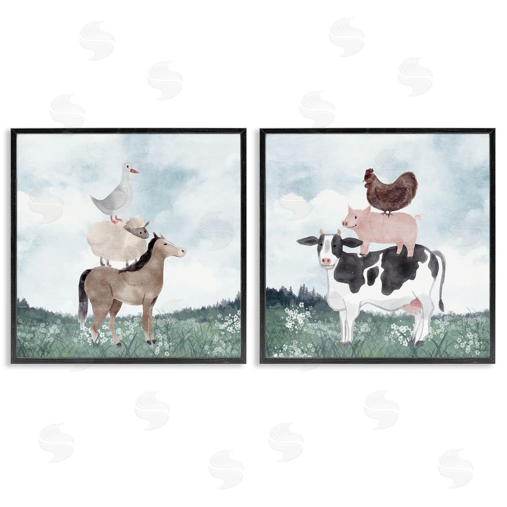 Kim Allen Stacked Animals Blue Sky Farm Black Framed Giclee Wall Art Print