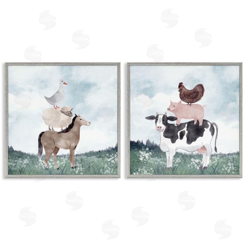 Kim Allen Stacked Animals Blue Sky Farm Gray Framed Giclee Wall Art Print