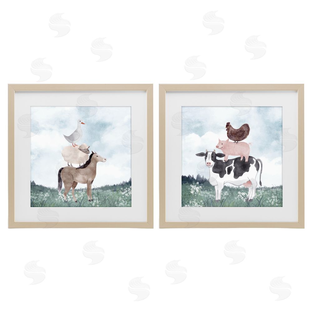 Kim Allen Stacked Animals Blue Sky Farm Brown Framed Print Under Glass with White Mat Wall Art