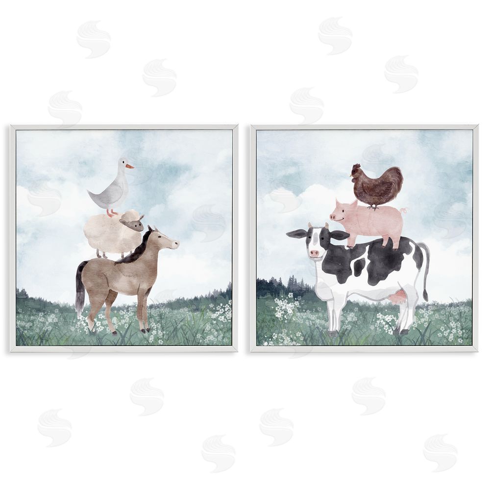 Kim Allen Stacked Animals Blue Sky Farm White Framed Giclee Wall Art Print
