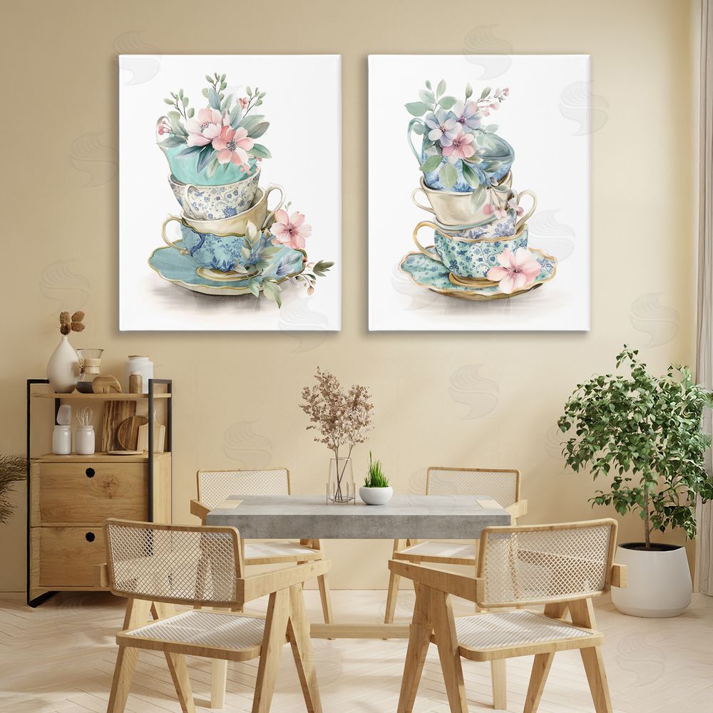 Kim Allen Stacked Teacup Chinoiserie Stretched Canvas Wall Art Print in Room