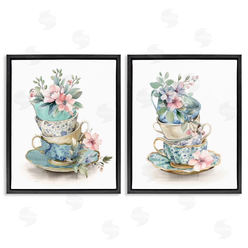 Kim Allen Stacked Teacup Chinoiserie Black Floating Frame Canvas Wall Art Print