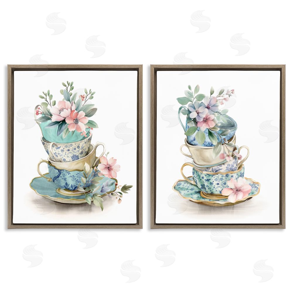 Kim Allen Stacked Teacup Chinoiserie Brown Floating Frame Canvas Wall Art Print