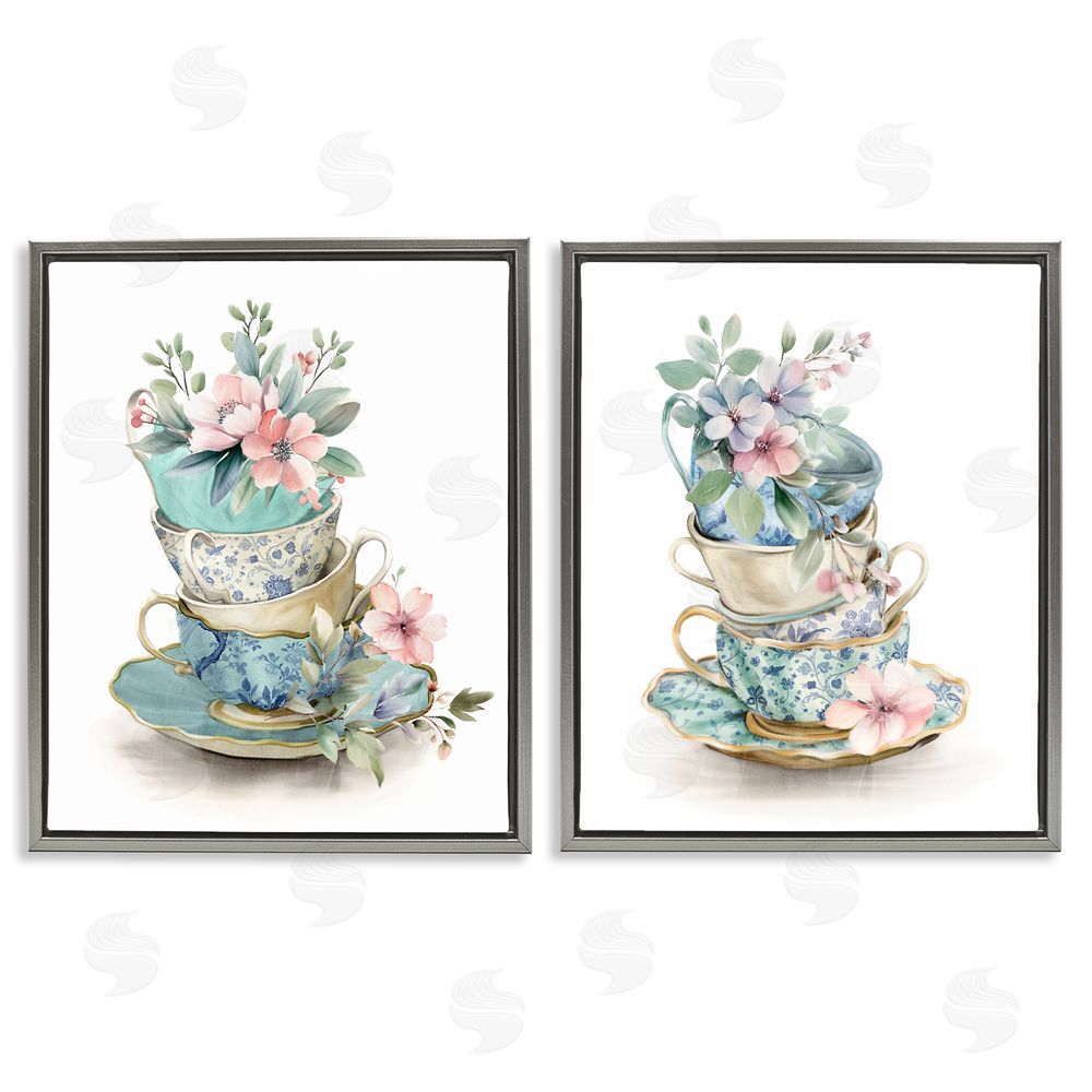 Kim Allen Stacked Teacup Chinoiserie Gray Floating Frame Canvas Wall Art Print